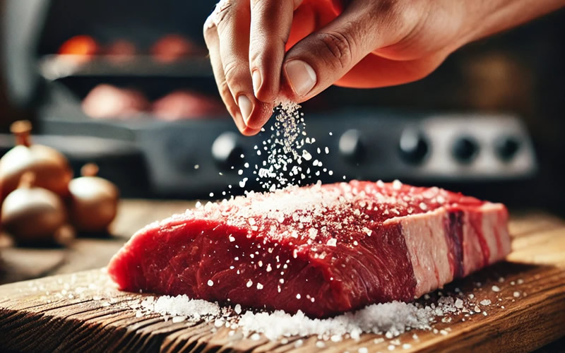 Carne crua para churrasco sendo salgada sobre uma tábua