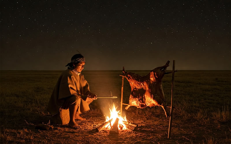 indio-assando-carne Índio charrua ancestral agasalhado com poncho assando carne ao relento no pampa