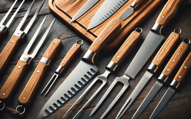 Faca, faca de chef, garfo, pegador de carne e diversos utensílios para o preparo do churrasco expostos sobre a mesa