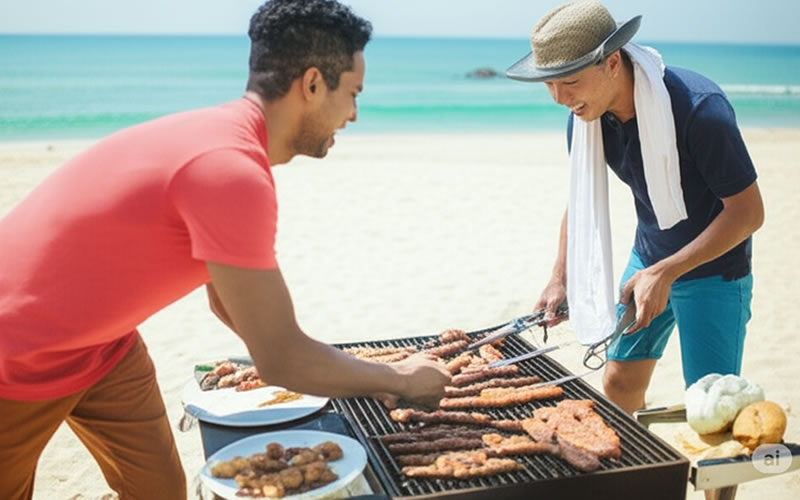 churrasco-praia Um churrasco na praia: escolha do local, montagem da churrasqueira, acendimento do fogo, preparo da carne, cozimento na grelha, acompanhamentos, pessoas comendo e limpeza final da área.