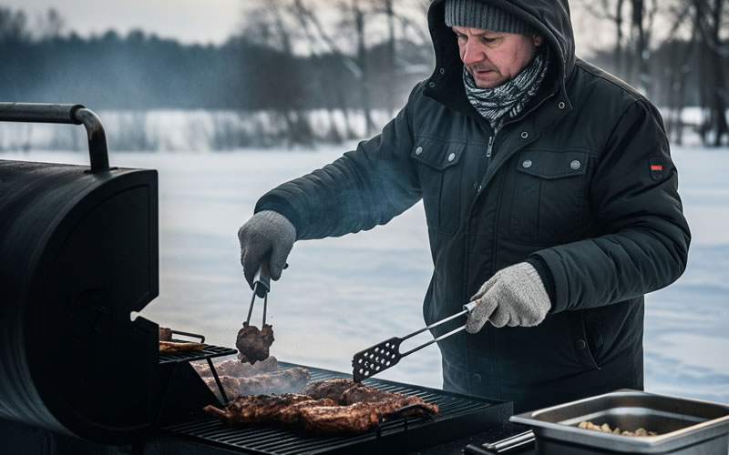 Homem assando churrasco no frio Homem assando carne em churrasqueira durante o inverno, com dicas para controlar o fogo e vencer o frio e vento no churrasco