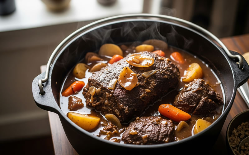 Imagem ilustrativa de panelas com carnes suculentas e legumes grelhados, representando o conceito de churrasco de panela para dias de chuva, com temperos e utensílios ao redor.