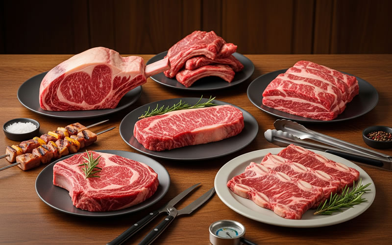 Variedade de cortes de carne menos conhecidos para churrasco dispostos em tábua de madeira, incluindo fraldinha, cupim e patinho. Guia completo de preparo