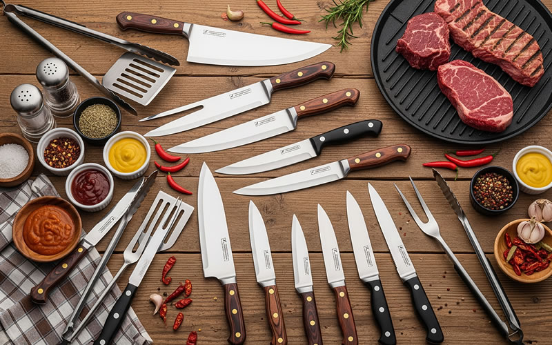 Faca de churrasco profissional sobre tábua de madeira com diferentes cortes de carne ao redor. Saiba como escolher a melhor faca para seu churrasco.