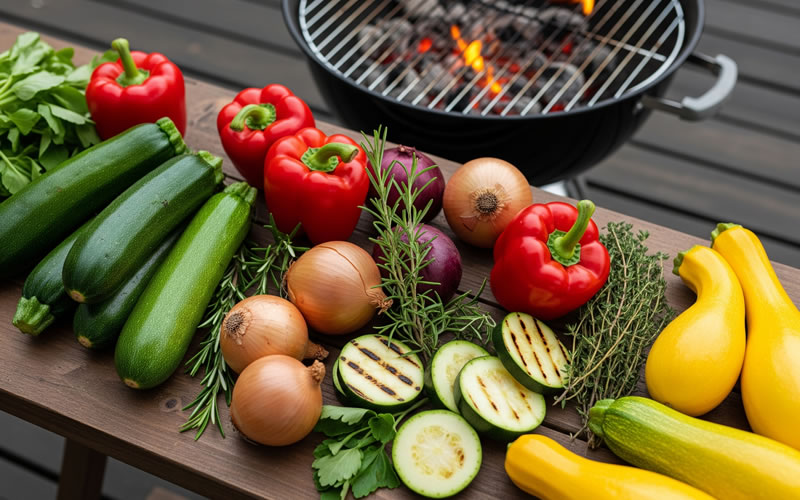 Variedade de legumes, queijos e hambúrgueres vegetais grelhados em churrasqueira. Guia completo para um churrasco vegetariano saboroso e criativo