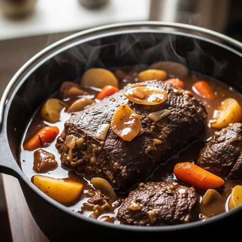 Imagem ilustrativa de panelas com carnes suculentas e legumes grelhados, representando o conceito de churrasco de panela para dias de chuva, com temperos e utensílios ao redor.