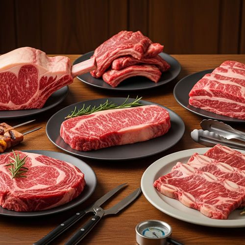 Variedade de cortes de carne menos conhecidos para churrasco dispostos em tábua de madeira, incluindo fraldinha, cupim e patinho. Guia completo de preparo