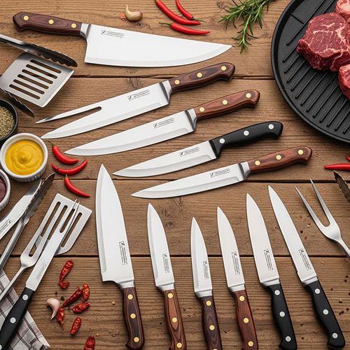 Faca de churrasco profissional sobre tábua de madeira com diferentes cortes de carne ao redor. Saiba como escolher a melhor faca para seu churrasco.